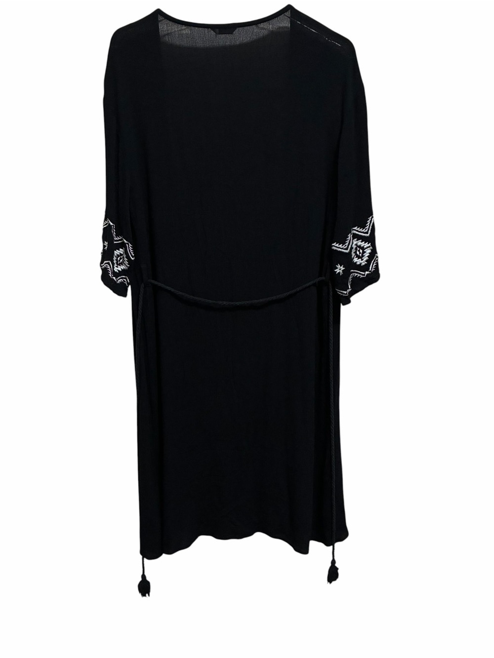 Black Embroidered Kimono Cardigan Women M Boho Festival Duster Rayon Tassel Open - Picture 6 of 10